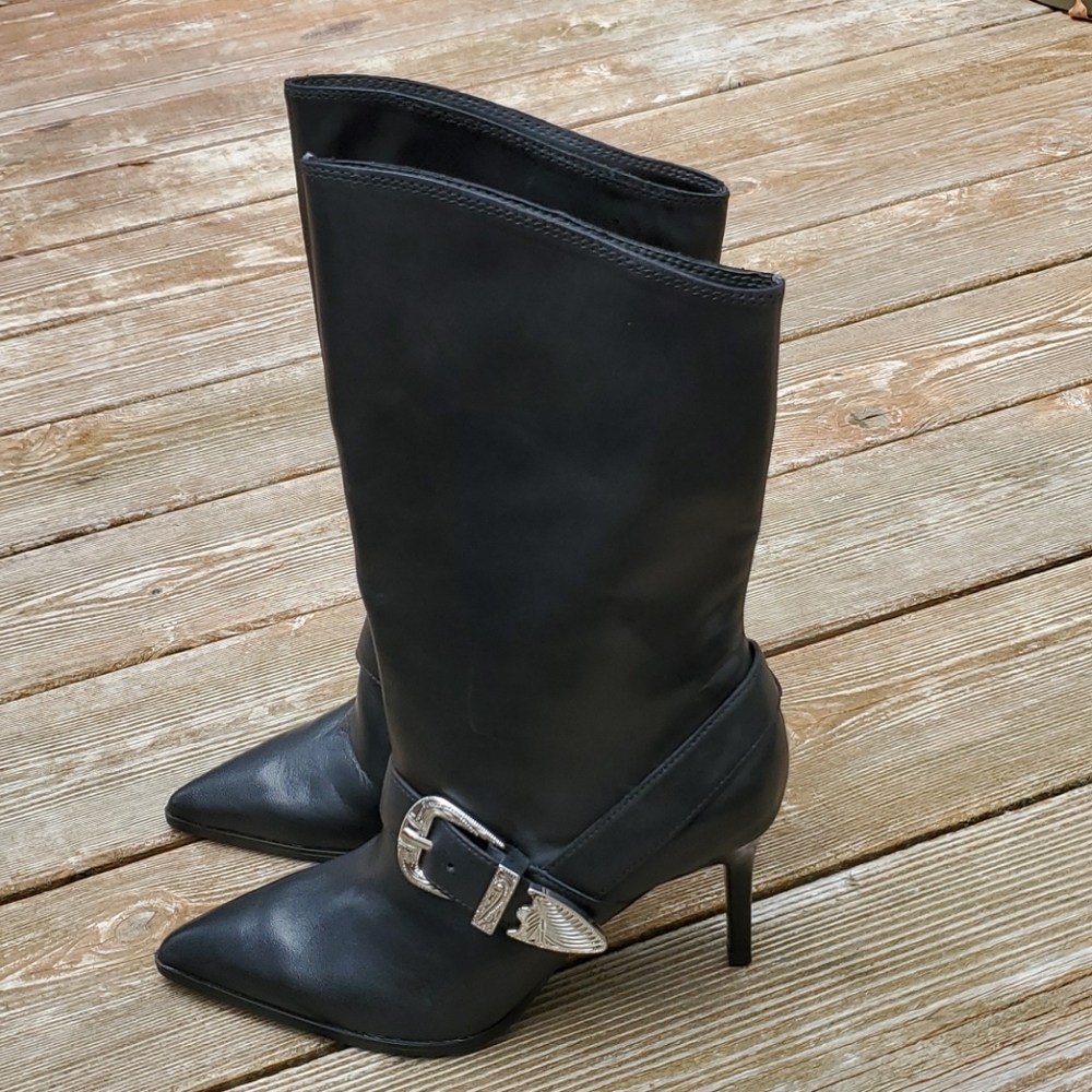 Zara leather high heel boots with cowboy strap with metal buckle detail - Picture 2 of 16
